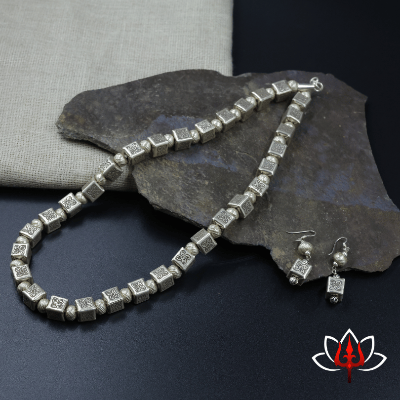 Handcrafted Oxidized Silver Cube Bead Necklace & Earrings Set – Trishul Silvers