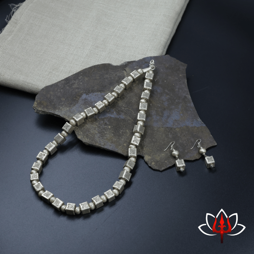 Handcrafted Oxidized Silver Cube Bead Necklace & Earrings Set – Trishul Silvers