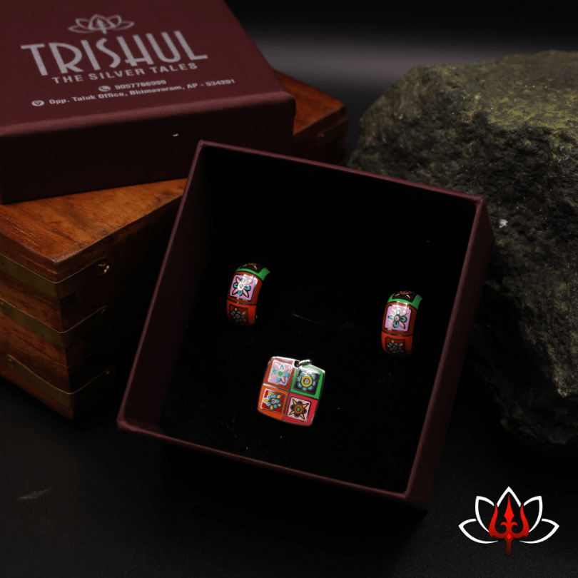 Vibrant Enamel-Painted Silver pendant Set – Quirky & Stylish