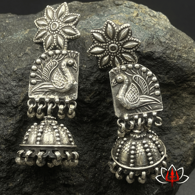 Peacock Jhumka Silver Earrings