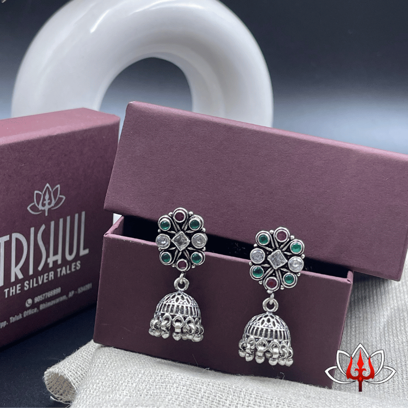 Silver Jhumkas with Red & Green Stones