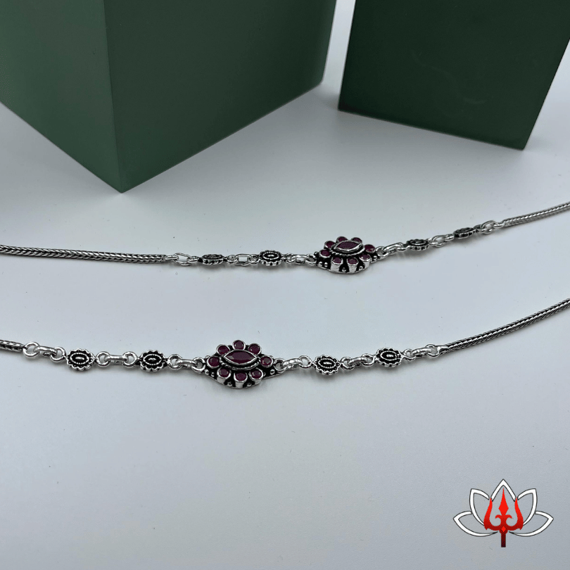 Exquisite Sterling Silver Anklets with Maroon Stone Accents