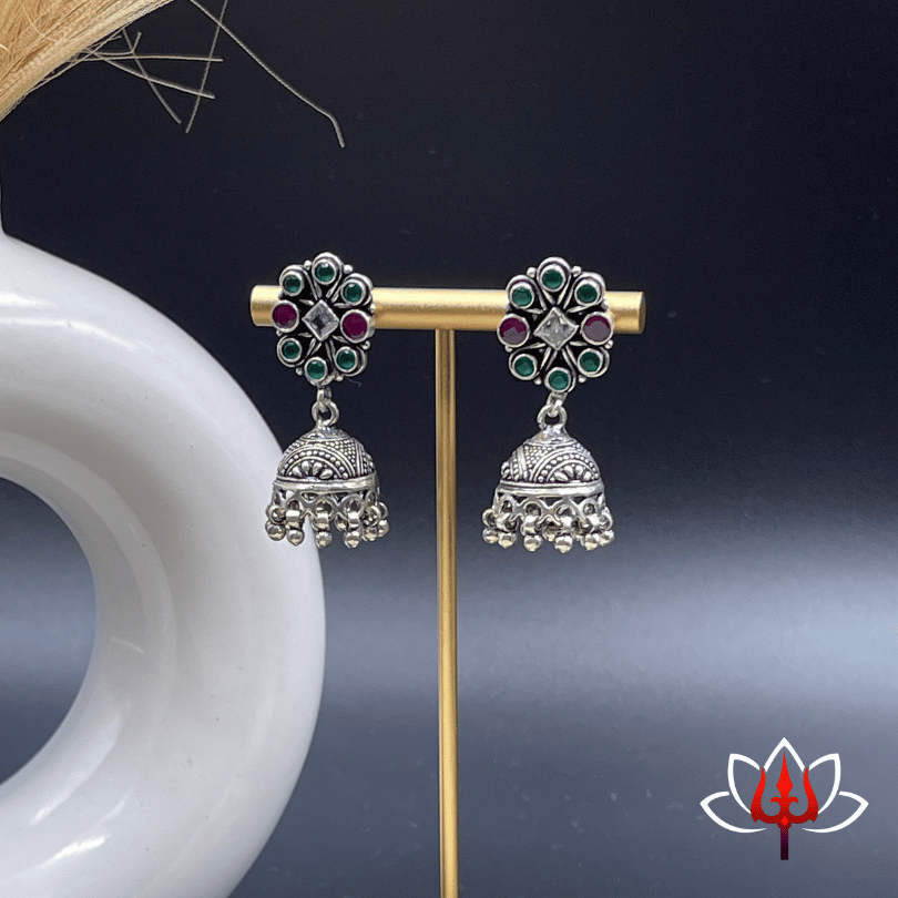 Silver Jhumkas with Red & Green Stones