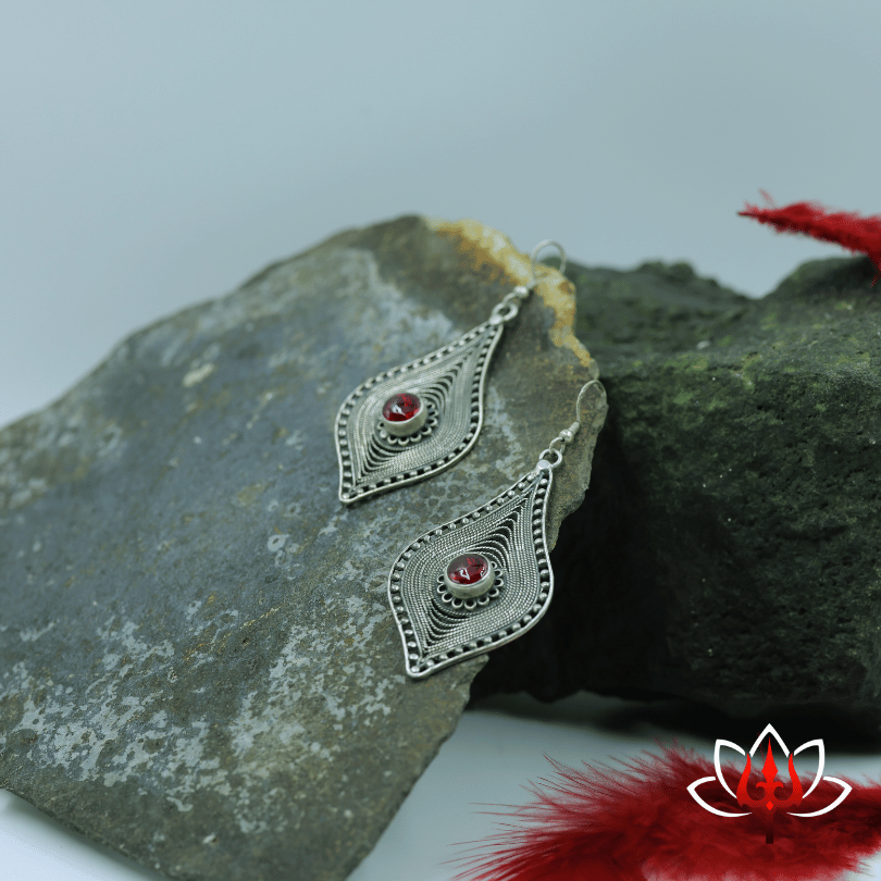 Elegant Antique Silver Tear-Drop Earrings with Red gemstone