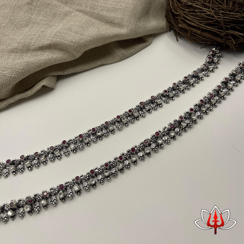 Antique Silver Stone-Studded Anklets