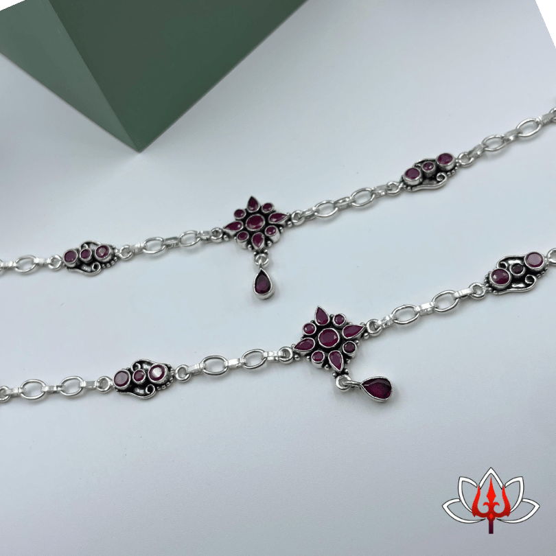 Traditional Silver Anklets with Floral Stone Accents