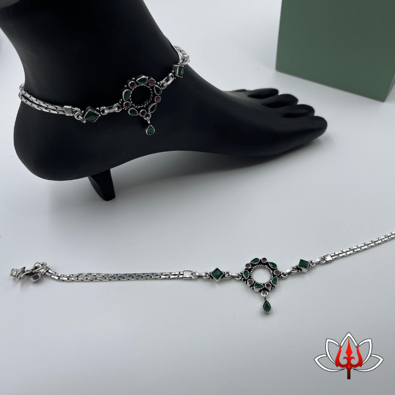 Graceful Silver Anklets with Green & Maroon Gemstones