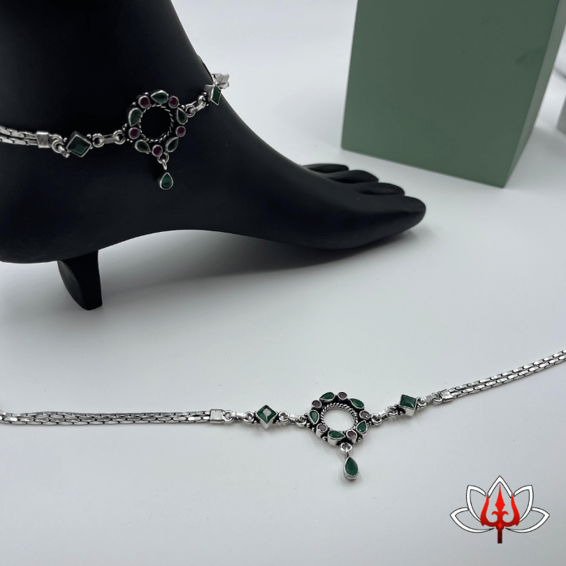 Graceful Silver Anklets with Green & Maroon Gemstones