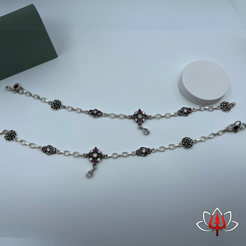 Traditional Silver Anklets with Floral Stone Accents