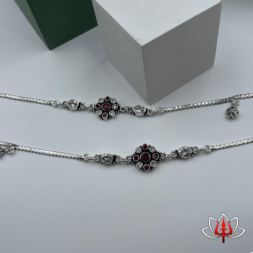 Elegant Silver Anklets with Maroon & White Stones