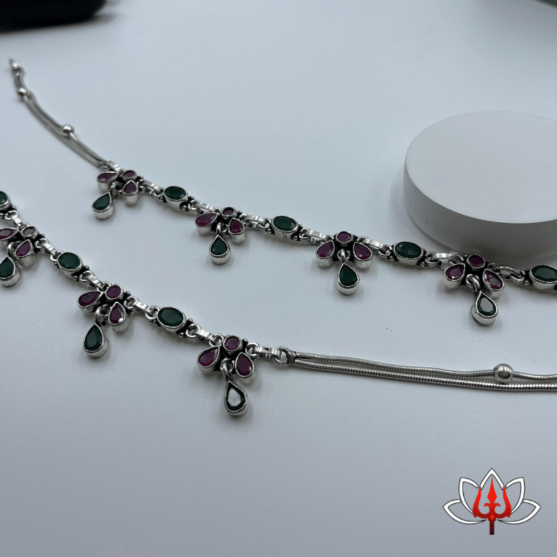 Elegant Silver Anklets with Green & Maroon Gemstones