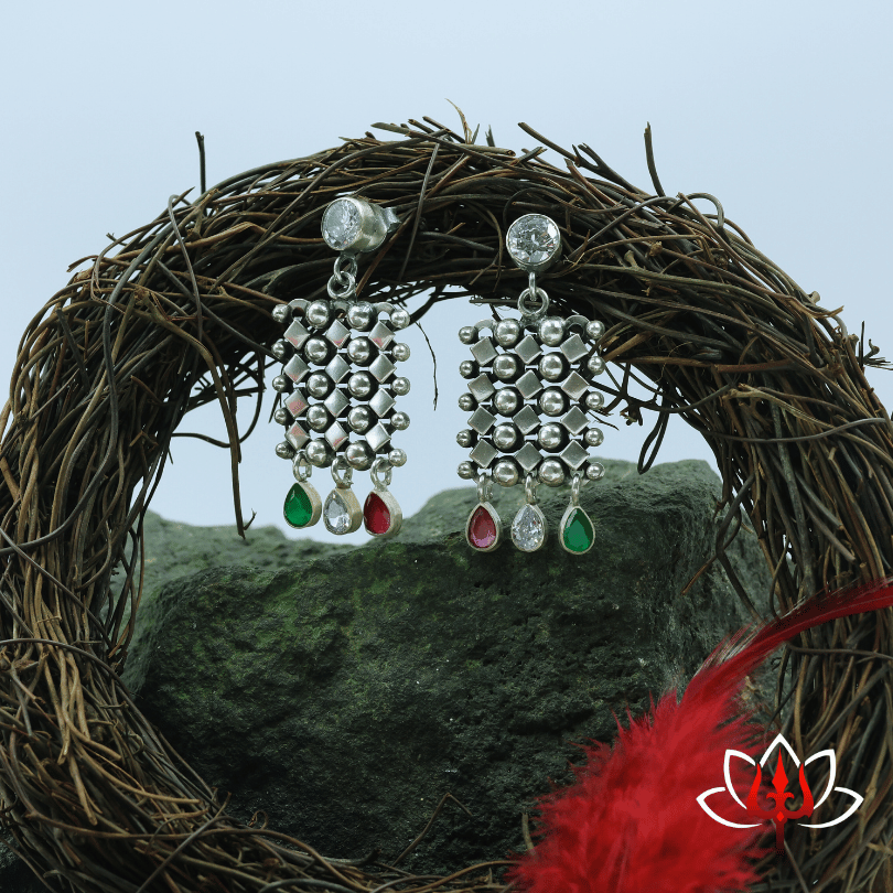 Hexagonal Mesh Antique Silver Earrings