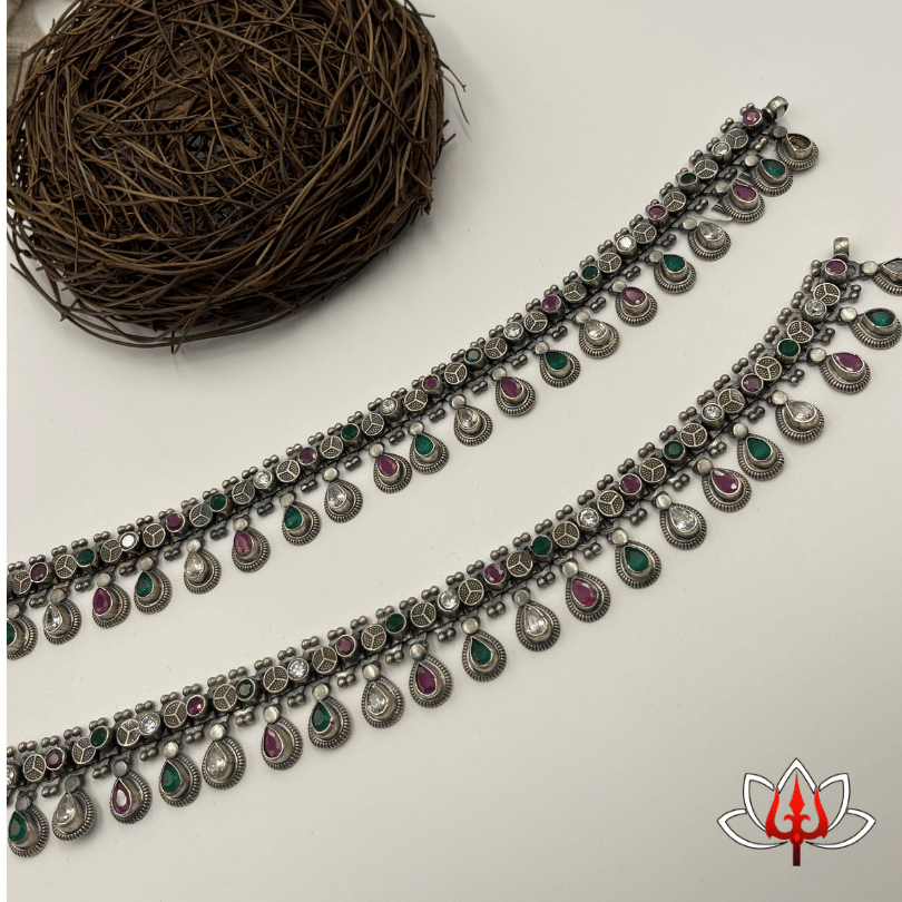 Traditional Antique Silver Anklets with Green & Maroon Stones