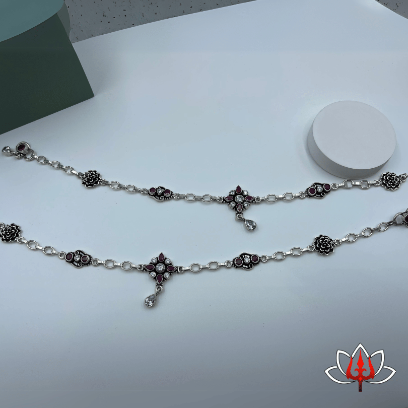 Traditional Silver Anklets with Floral Stone Accents
