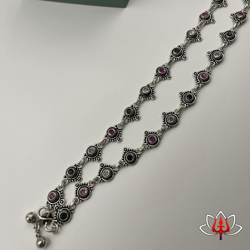 Antique-Inspired Silver Anklets with White & Maroon Accents