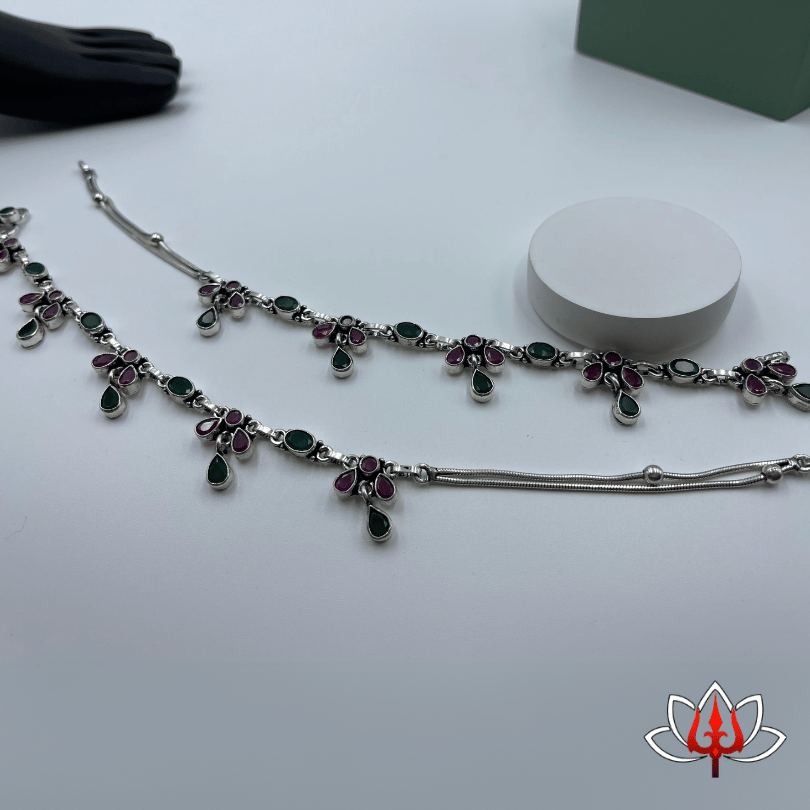 Elegant Silver Anklets with Green & Maroon Gemstones