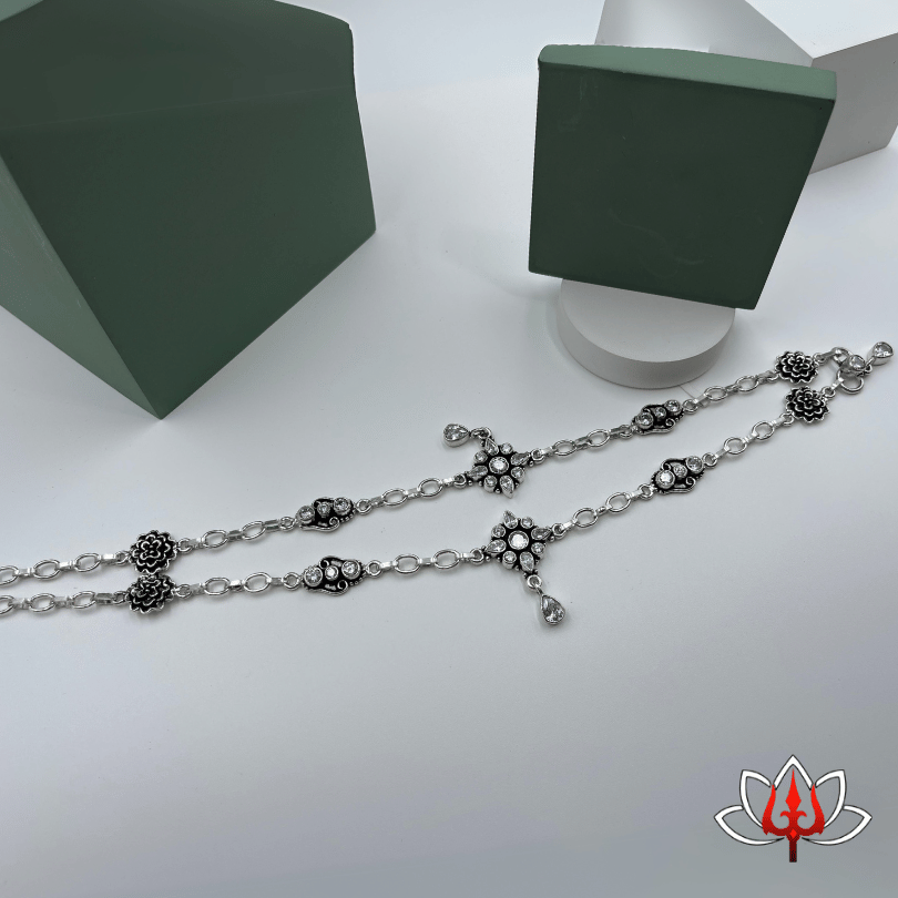 Traditional Silver Anklets with Floral Stone Accents