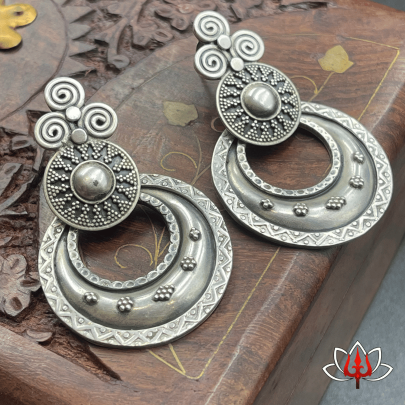 Antique Crescent Hoop Silver Earrings