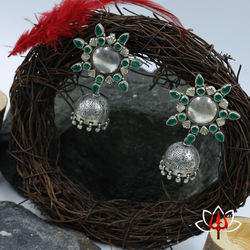 Royal Green Stone Antique Jhumka Earrings