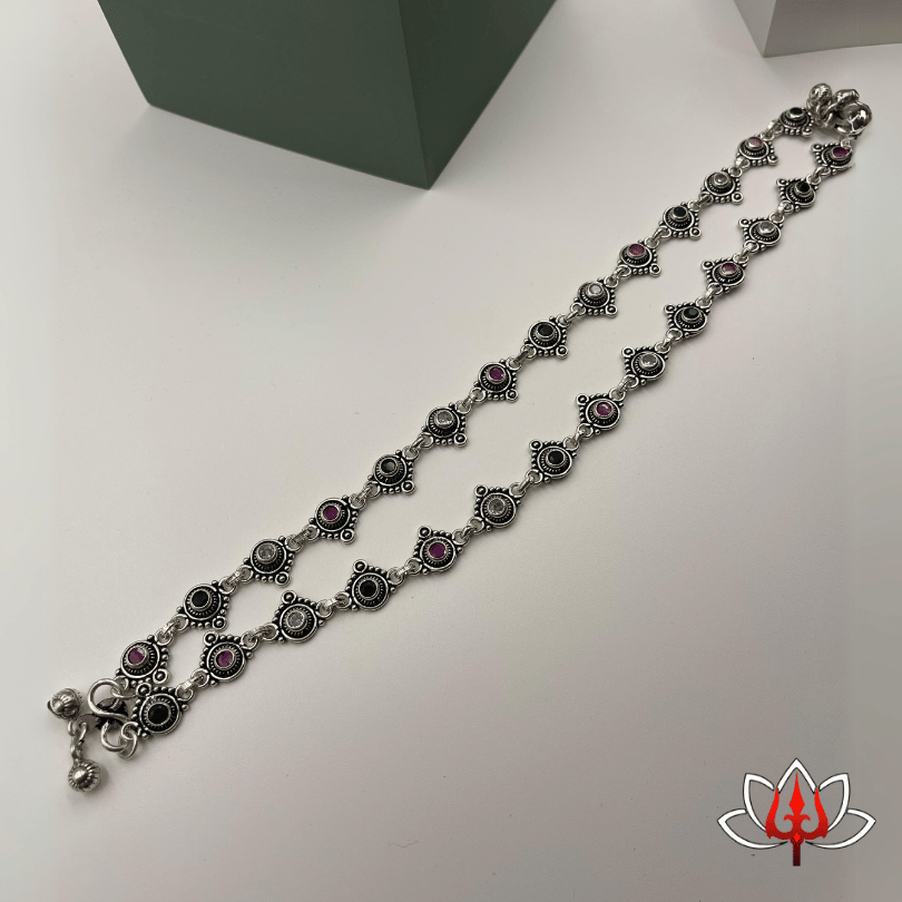 Antique-Inspired Silver Anklets with White & Maroon Accents
