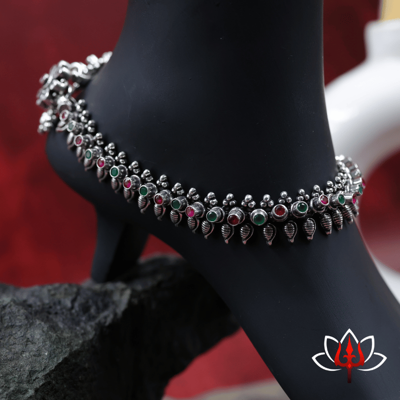 Traditional Oxidized Silver Anklets with Red & Green Stones