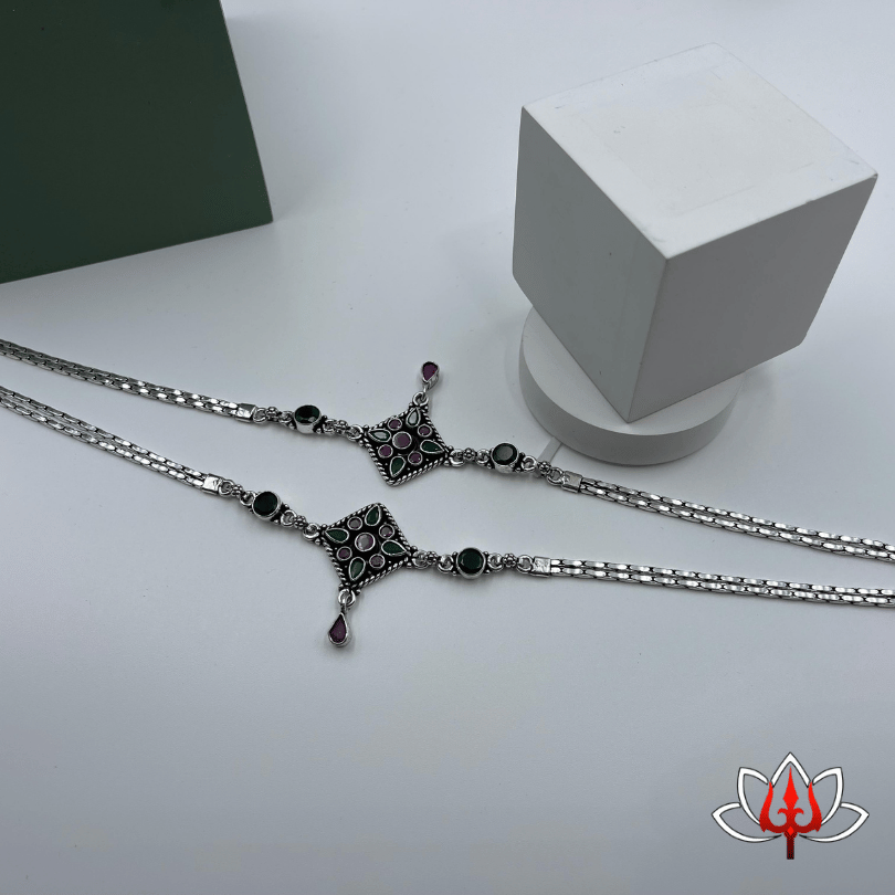Regal Silver Anklets with Green & Maroon Gemstones – Trishul Silvers