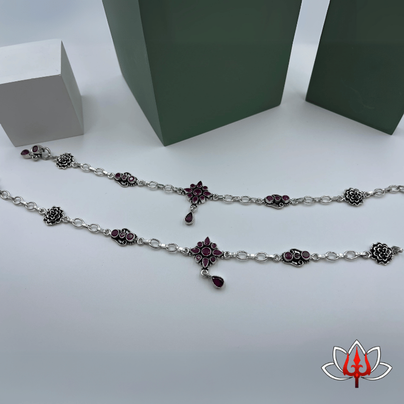 Traditional Silver Anklets with Floral Stone Accents